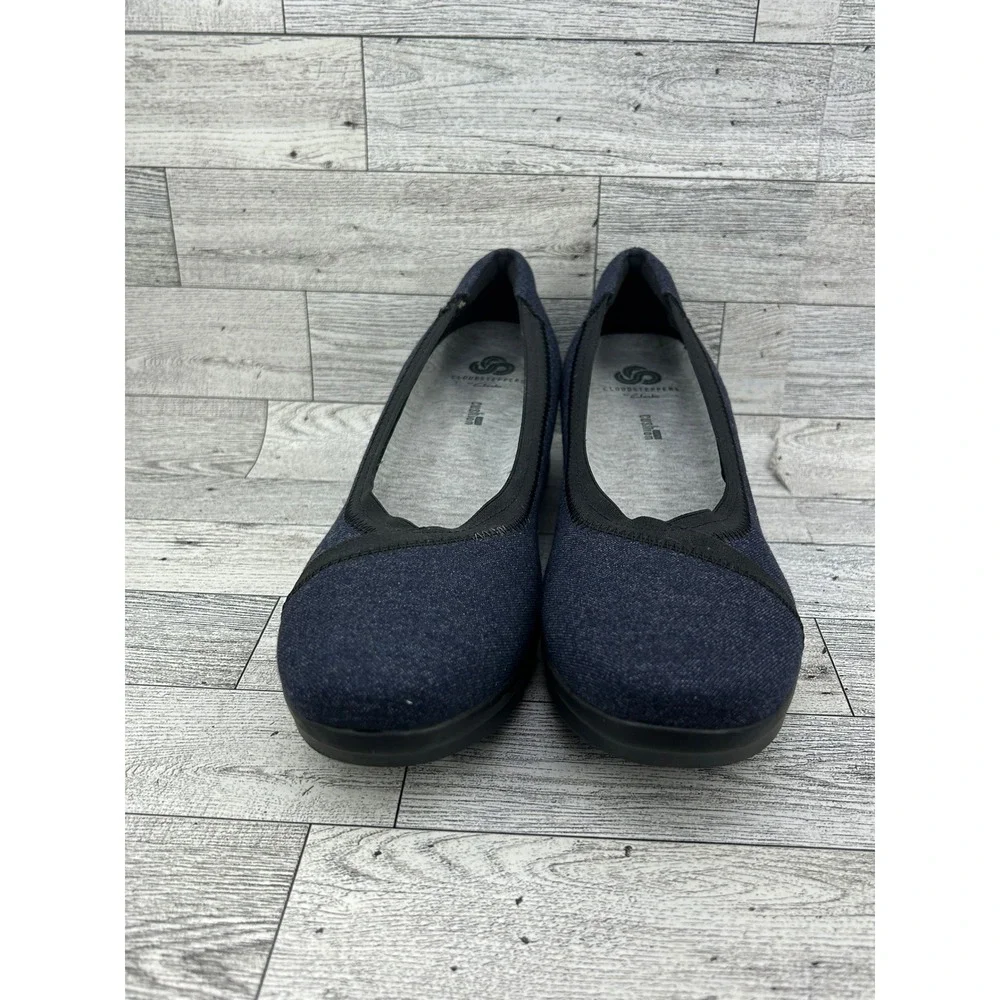Clarks Cloudsteppers Women Sz 8M‎ Navy Blue Denim Wedge Pumps Cushion Soft Shoes